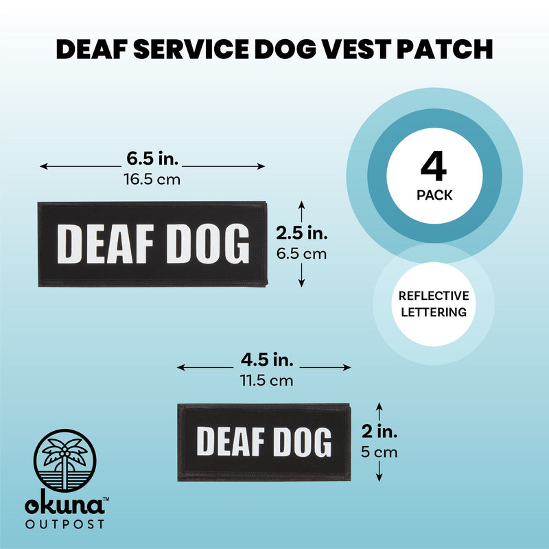 4 Pack Deaf Dog Canine Dog Patches for K9 Support Animal Vest and Harness with Reflective Lettering and Touch Fastener Attachment Material in 2 Sizes for Service Animals