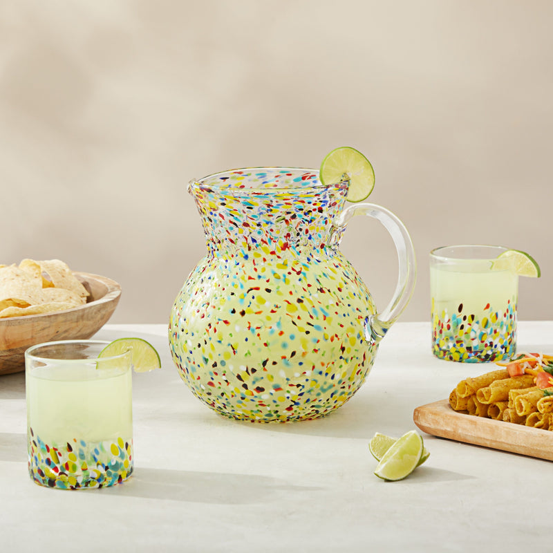 Hand Blown Spanish Sangria Pitcher with Handle, Mexican Water Jug Glass with Confetti Rock Design (84 oz)