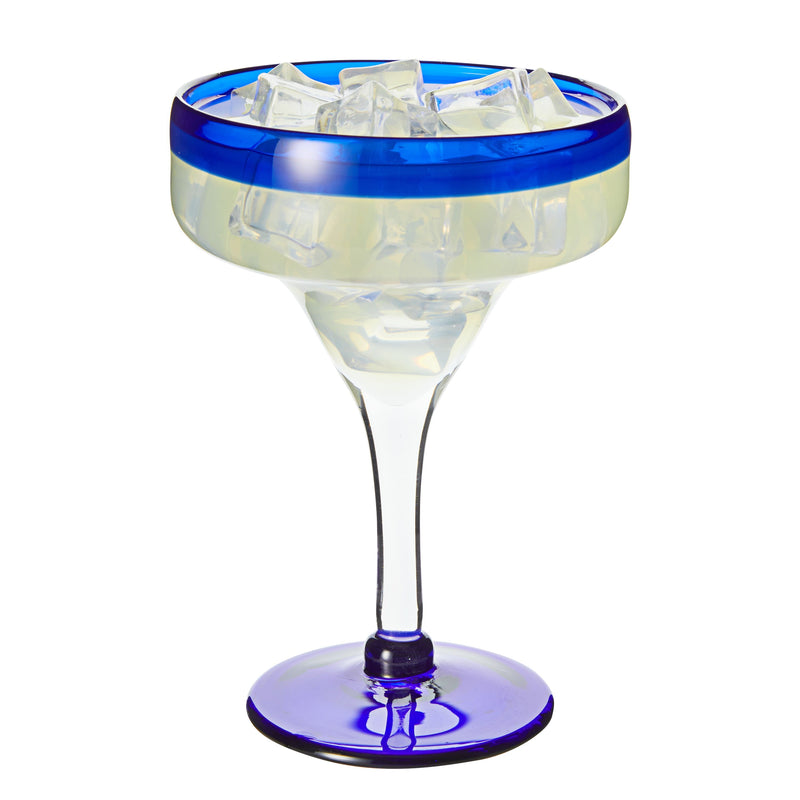 Set of 4 Hand Blown Mexican Margarita Glasses with Cobalt Blue Rim (14 oz)