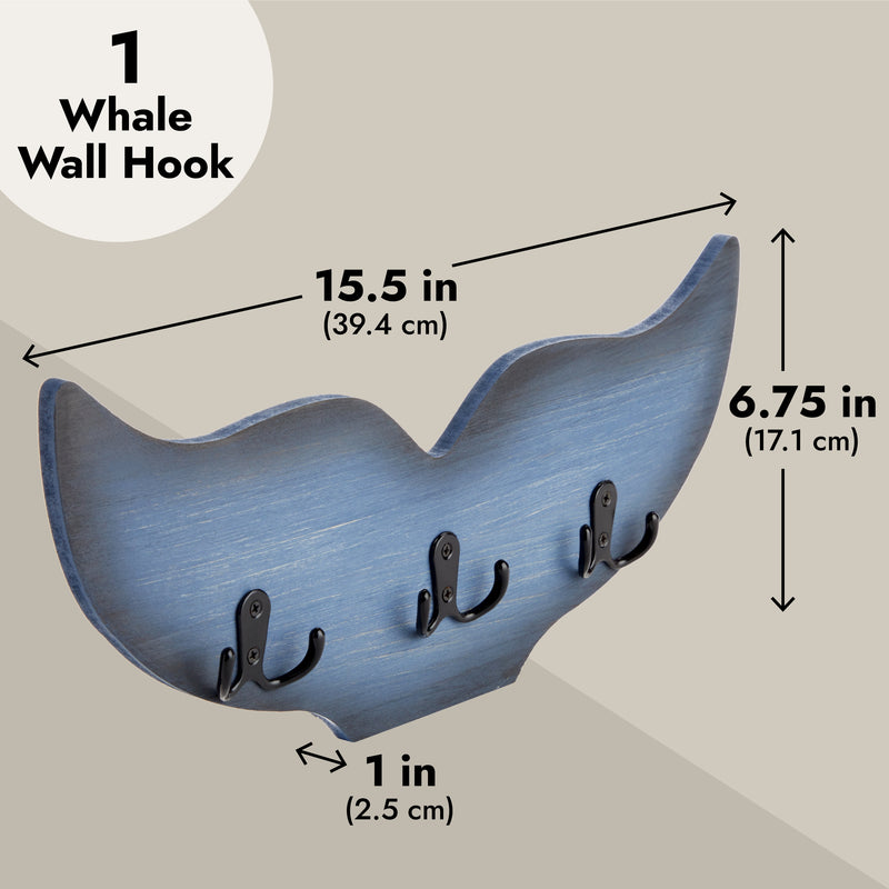 Whale Tail Wall Hook for Nursery, Nautical Ocean Wall Decor (Blue, 15.5 x 6.75 x 1 In)