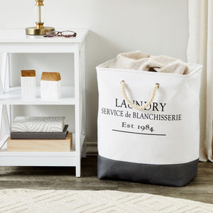 Canvas Laundry Basket with Handles for Bathroom, Bedroom (White and Gray, 60 L Capacity, 12x16x19.2 In)