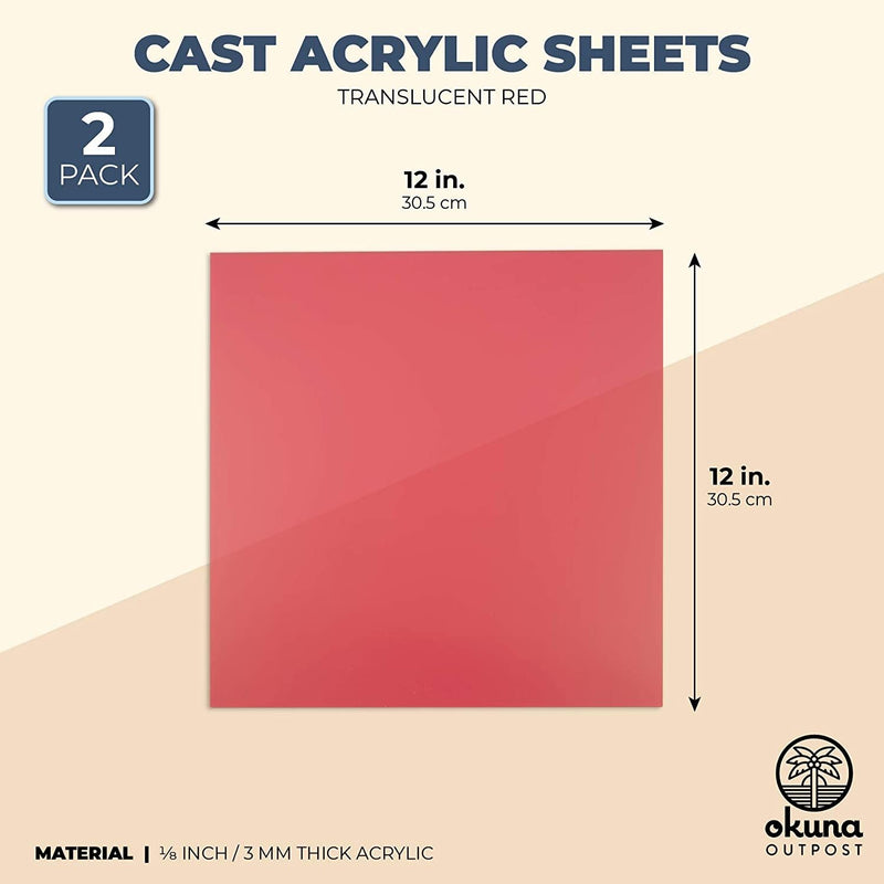 2-Pack Translucent Cast Acrylic Sheet, 1/8-Inch Thick 11.75x11.75-Inch Square Plastic Tiles for Wall Decorations, Laser Cutting, Arts and Crafts, and Custom Signs for Cafes and Boutiques (Red)