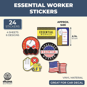 24-Pack Essential Worker Stickers, Decals for Cars, Hard Hat, Biker or Bike Helmets, Water Bottles and Tool Box, Assorted Designs