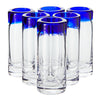 Set of 6 Hand Blown Mexican Double Shot Glasses, 2oz Cobalt Blue Rim Tequila Sipping Set
