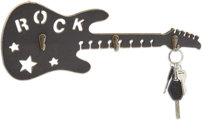 Wooden Wall Mounted Coat Hook Rack, Guitar Rock Wall Decor, 17 x 12 x 1 inches