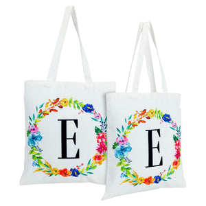 Set of 2 Reusable Monogram Letter E Personalized Canvas Tote Bags for Women, Floral Design (29 Inches)