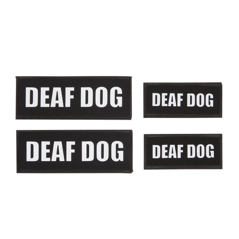4 Pack Deaf Dog Canine Dog Patches for K9 Support Animal Vest and Harness with Reflective Lettering and Touch Fastener Attachment Material in 2 Sizes for Service Animals