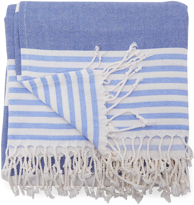 Okuna Outpost Turkish Beach Towel with Fringe, Striped Cotton Pareo (Blue, 35 x 71 Inches)