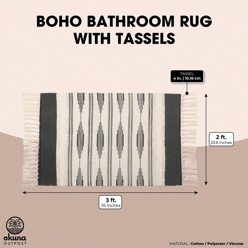 Grey Bohemian Bathroom Rug with Tassels, Boho Mat (23.6 x 35 Inches)