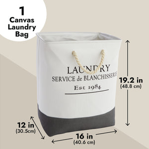 Canvas Laundry Basket with Handles for Bathroom, Bedroom (White and Gray, 60 L Capacity, 12x16x19.2 In)