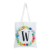 Set of 2 Reusable Monogram Letter W Personalized Canvas Tote Bags for Women, Floral Design (29 Inches)