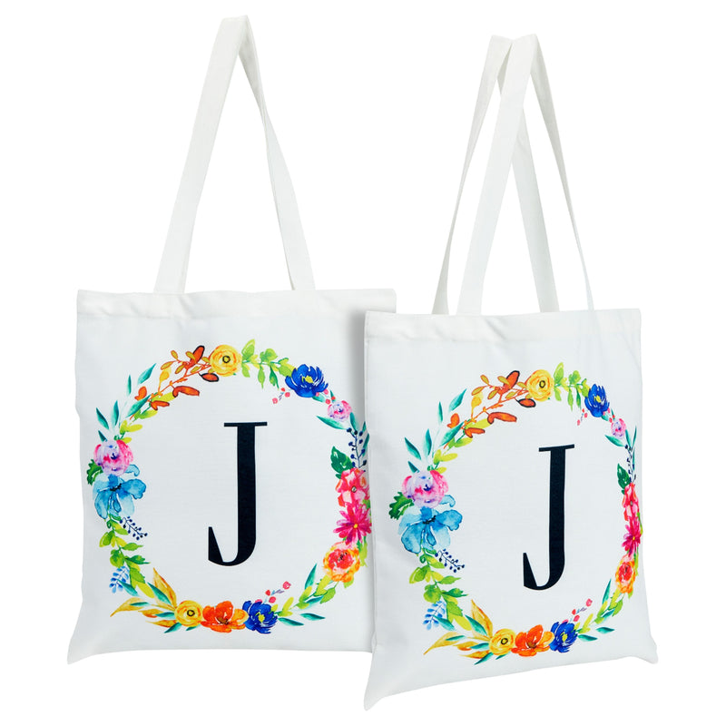 Set of 2 Reusable Monogram Letter J Personalized Canvas Tote Bags for Women, Floral Design (29 Inches)