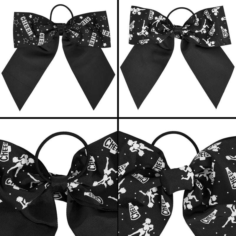 20 Pack 8 Inch Cheer Bows for Cheerleaders, Elastic Ponytail Holders for Women and Girls, Large Bulk Polyester Hair Ribbons for Softball, Volleyball, Gymnastics (2 Designs, Black)