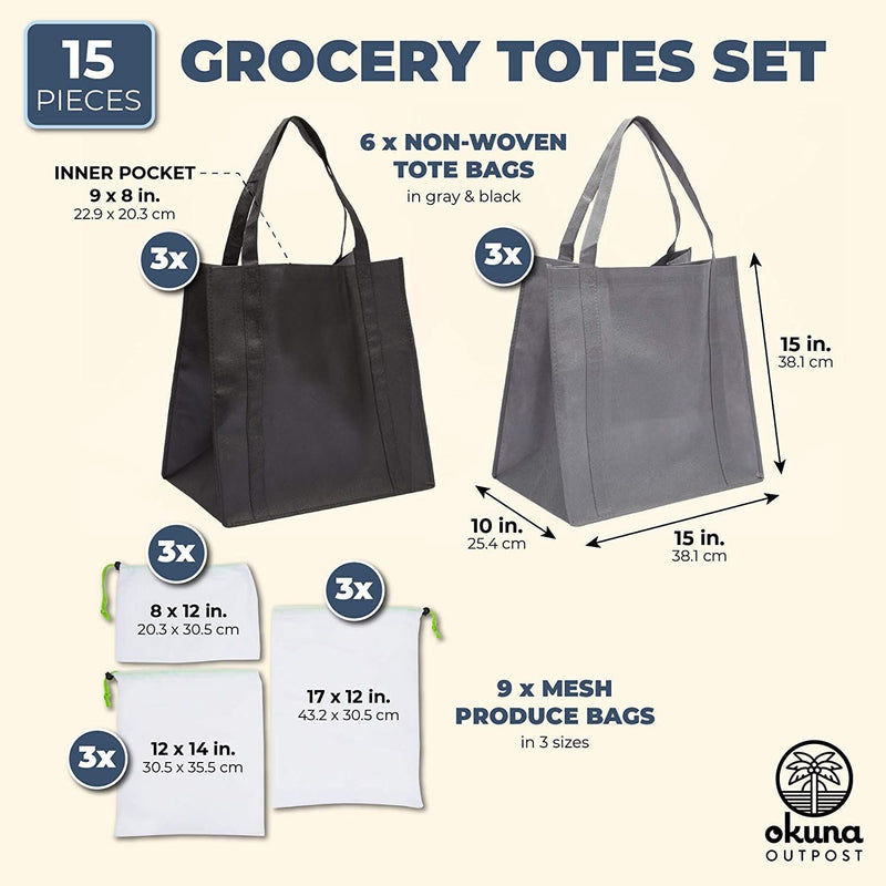 Non-Woven Tote Grocery Bags and Mesh Produce Shopping Bags (5 Sizes, 15 Pieces)