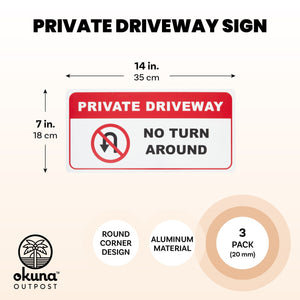 Metal Sign for Home, Private Driveway No Turn Around (14 x 7 In, 3 Pack)