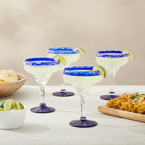 Set of 4 Hand Blown Mexican Margarita Glasses with Cobalt Blue Rim (14 oz)