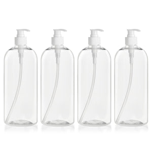 4 Pack Large Plastic Bottles with White Pumps for Shampoo and Conditioner, Refillable Body Wash Dispensers (32oz / 1 Liter)