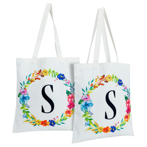 Set of 2 Reusable Monogram Letter S Personalized Canvas Tote Bags for Women, Floral Design (29 Inches)