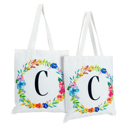 Set of 2 Reusable Monogram Letter C Personalized Canvas Tote Bags for Women, Floral Design (29 Inches)