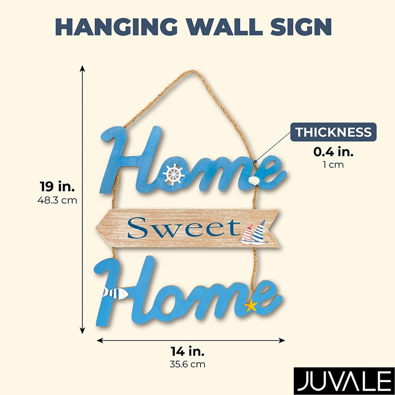 Wood Nautical Home Sweet Home Hanging Wall Sign with Rope Door Home Decor, Blue 14"x19"x0.4"