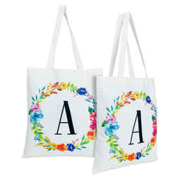 Set of 2 Reusable Monogram Letter A Personalized Canvas Tote Bags for Women, Floral Design (29 Inches)