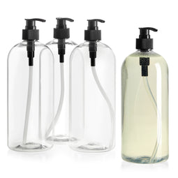 4 Pack Large Plastic Bottles with Black Pumps for Shampoo and Conditioner, Refillable Body Wash Dispensers (32oz / 1 Liter)