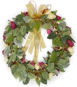 Rose Wreath with Ribbon for Front Door, Valentine Decor (13.3 in, Red, Yellow)