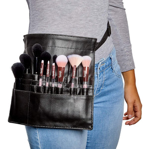 Makeup Brush Belt with 22 Pockets, Black PU Leather (10.2 x 9.7 x 2 Inches)