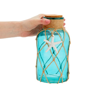 3 Pack Blue Glass Vase with Cork Lid, Rope and Starfish Accent, Beach Home Decor (4 x 8 In)