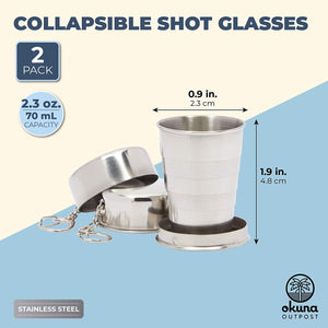 Stainless Steel Collapsible Shot Glasses for Camping, Travel (2.3oz, 2 Pack)