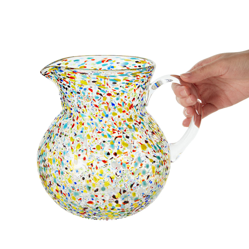 Hand Blown Spanish Sangria Pitcher with Handle, Mexican Water Jug Glass with Confetti Rock Design (84 oz)