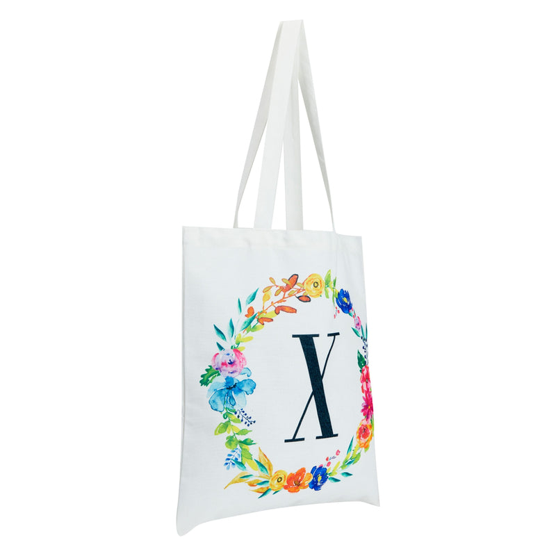 Set of 2 Reusable Monogram Letter X Personalized Canvas Tote Bags for Women, Floral Design (29 Inches)