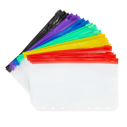 24 Pack A6 Clear Plastic 6 Ring Binder Pockets with Zipper, Cash Envelopes for Budgeting and Office Accessories, 6 Colors