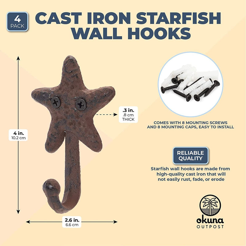 Cast Iron Wall Hooks, Starfish (Dark Bronze, 0.3 x 2.6 x 4 in, 4 Pack)