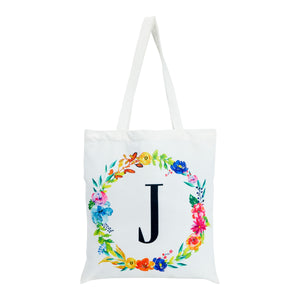 Set of 2 Reusable Monogram Letter J Personalized Canvas Tote Bags for Women, Floral Design (29 Inches)