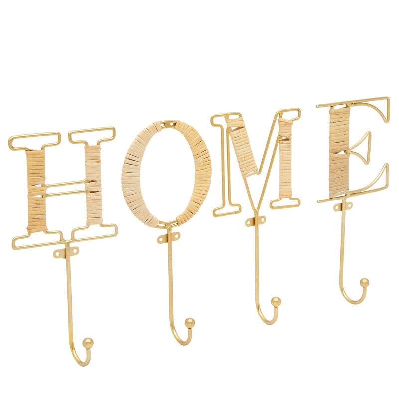 4 Piece Wall Mount Key Holder with 4 Hooks, Rustic Rattan Home Letters for Key Storage (4 x 10 In)