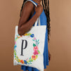 Set of 2 Reusable Monogram Letter P Personalized Canvas Tote Bags for Women, Floral Design (29 Inches)
