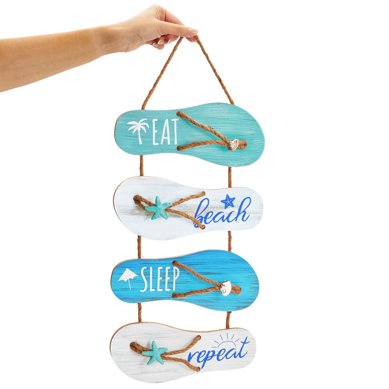 2 Pack Decorative Beach Signs for Home Decor, Eat, Sleep, Beach, Repeat Flip-Flop Ornament for Kitchen, Patio (10 x 23 In)