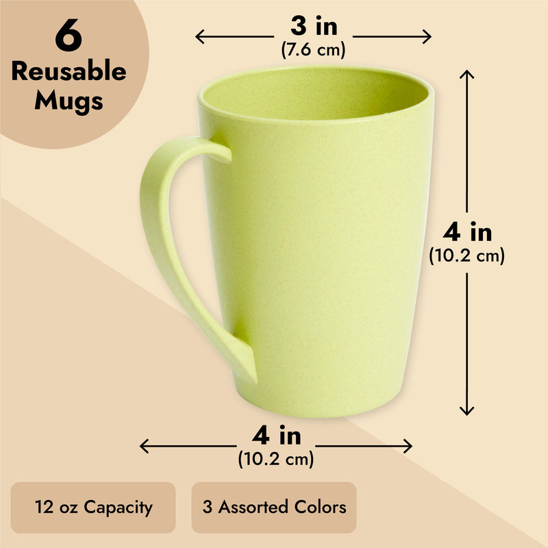6-Pack 12oz Unbreakable Plastic Coffee Mug with Handles Set - Lightweight Wheat Straw Cups for Tea, Warm Beverages (3 Colors, 4x3x4 in)