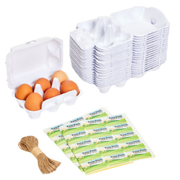 20-Pack Reusable Paper Egg Cartons for 6 Chicken Eggs with 50 Self-Adhesive Labels and 49-Feet Jute String, Retail Cartons for Half-Dozen Eggs (White)