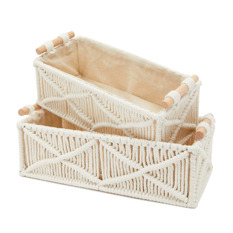 Set of 2 Macrame Storage Baskets, Woven Bins with Wood Handles for Home Decor (Ivory)