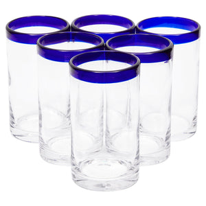 Set of 6 Blue Rim Mexican Glassware, 14 oz Cobalt Hand Blown Drinking Glasses