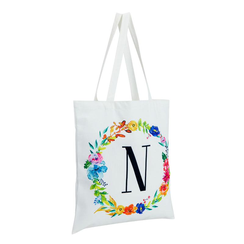 Set of 2 Reusable Monogram Letter N Personalized Canvas Tote Bags for Women, Floral Design (29 Inches)