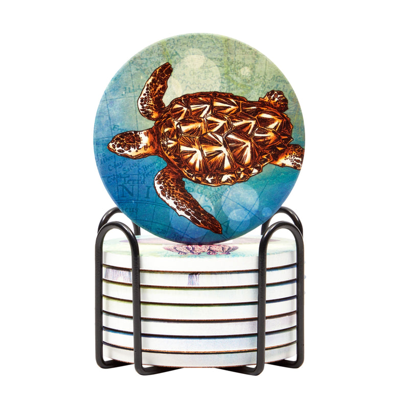 Set of 8 Ocean Animal Ceramic Table Coasters for Drinks with Holder and Cork Base (4 In)