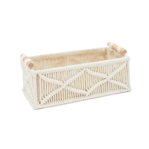 Set of 2 Macrame Storage Baskets, Woven Bins with Wood Handles for Home Decor (Ivory)