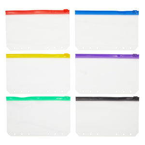 24 Pack A6 Clear Plastic 6 Ring Binder Pockets with Zipper, Cash Envelopes for Budgeting and Office Accessories, 6 Colors