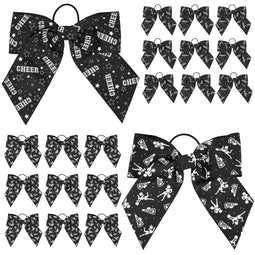 20 Pack 8 Inch Cheer Bows for Cheerleaders, Elastic Ponytail Holders for Women and Girls, Large Bulk Polyester Hair Ribbons for Softball, Volleyball, Gymnastics (2 Designs, Black)