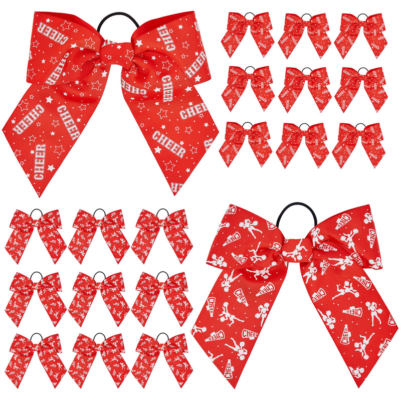 20 Pack 8 Inch Cheer Bows for Cheerleaders, Elastic Ponytail Holders for Women and Girls, Large Bulk Polyester Hair Ribbons for Softball, Volleyball, Gymnastics (2 Designs, Red)
