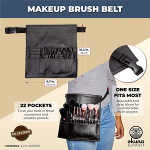 Makeup Brush Belt with 22 Pockets, Black PU Leather (10.2 x 9.7 x 2 Inches)