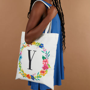 Set of 2 Reusable Monogram Letter Y Personalized Canvas Tote Bags for Women, Floral Design (29 Inches)